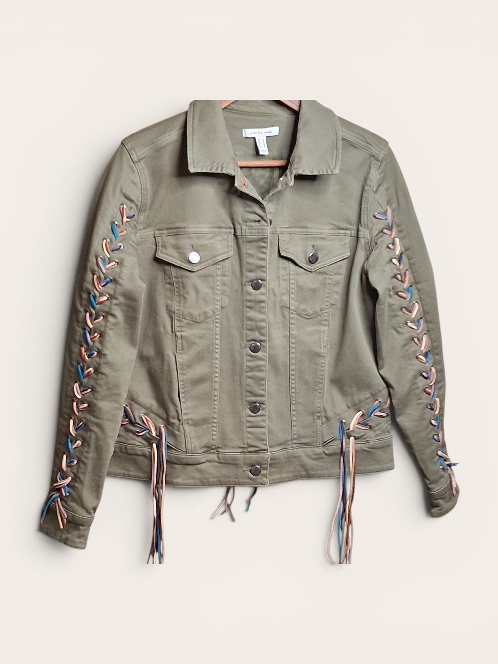 Peace Love World Olive Green Denim Jacket S Rainbow Fringe Braided Boho Chic EUC